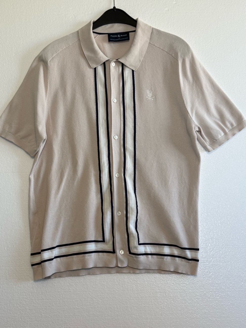 Psycho Bunny Men’s Knit Button Up Polo Shirt Short Sleeve Beige Cream Size L